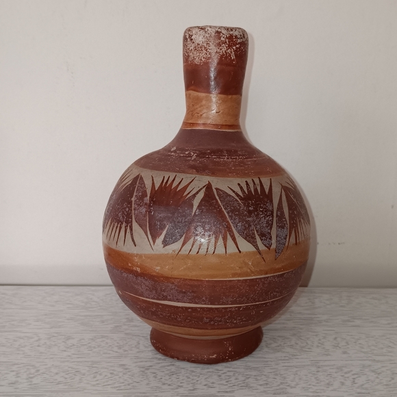 Vintage Handmade Rustic Mexican Clay Pottery Water Jug Decanter With Cup 8" Tall - Picture 4 of 16